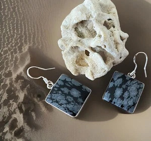Snowflake Obsidian square Gemstone earrings -925 Silver plated-brand New - Picture 1 of 4