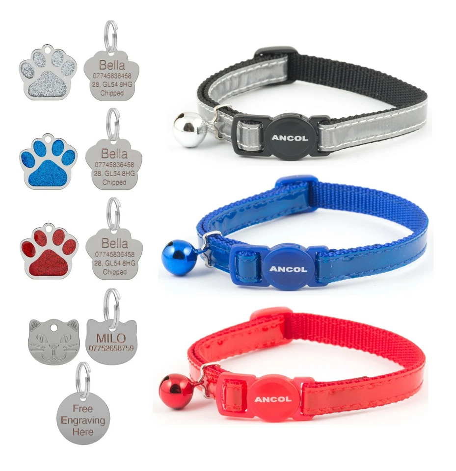 ANCOL Katzenhalsband reflektierend glänzend Sicherheitsauslöser rot blau silber optional graviertes Etikett