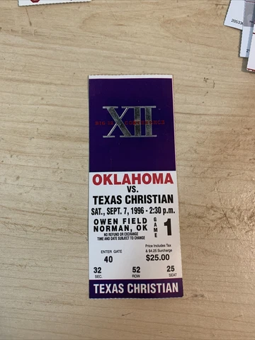 1996 Oklahoma Sooners Texas Christian TCU Horned Frogs Ticket Stub  And Program Cover
