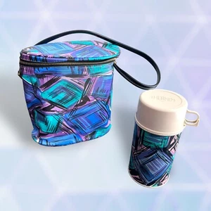 Fiambrera de vinilo vintage años 50 púrpura azul verde rosa a cuadros con termo MCM - Imagen 1 de 20