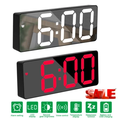 Digital LED Desk Alarm Clock Large Mirror Display USB Snooze Temperature Mode - Image 1 of 4