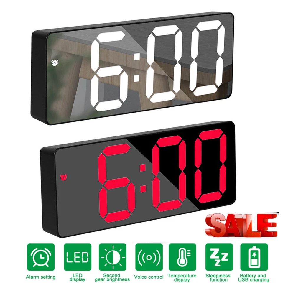 Digital LED Desk Alarm Clock Large Mirror Display USB Snooze Temperature Mode - Image 1 of 4