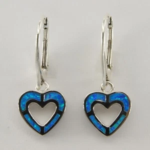 Blue FIRE OPAL Heart Dangle / Drop Leverback Earrings - 925 STERLING SILVER #63e - Picture 1 of 3