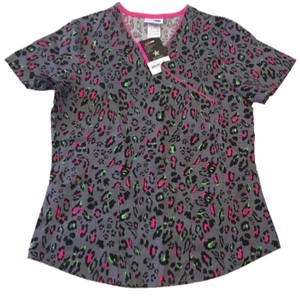 Scrub Star Scrub Top Xs women Animal Print Nurse Grey Pink Green Nwt flaw - Picture 1 of 7