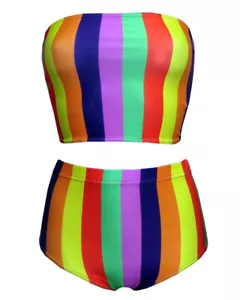 Arcoiris Múltiple Rayas Verticales Bandeau Top Bikni Fondo Co-Ord Twin Set Baño - Imagen 1 de 2