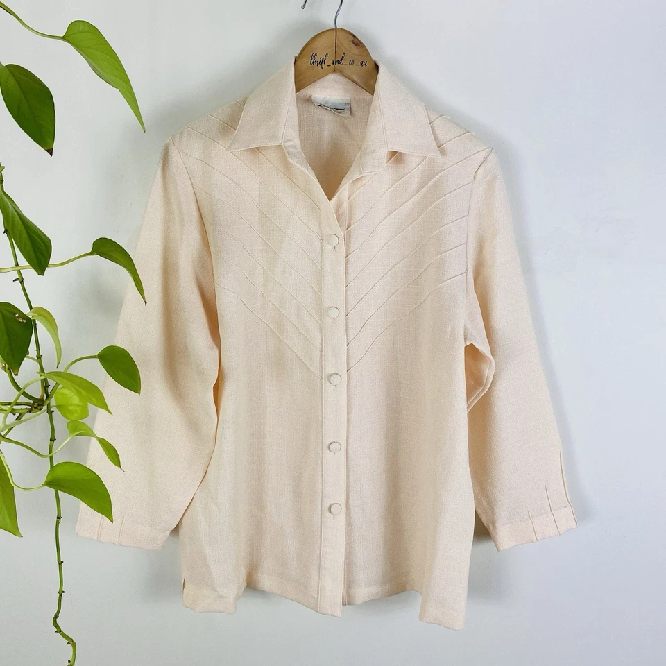 Blusa Top Costa Talla 10 Crema Pin Tuck Texturizado Tejido Manga Larga Abotonada Foto 1 de 4