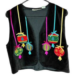 Damen Schwarz Samt Weihnachten Weste Ugly Sweater Style Ornamente Applikation Vintage - Bild 1 von 3
