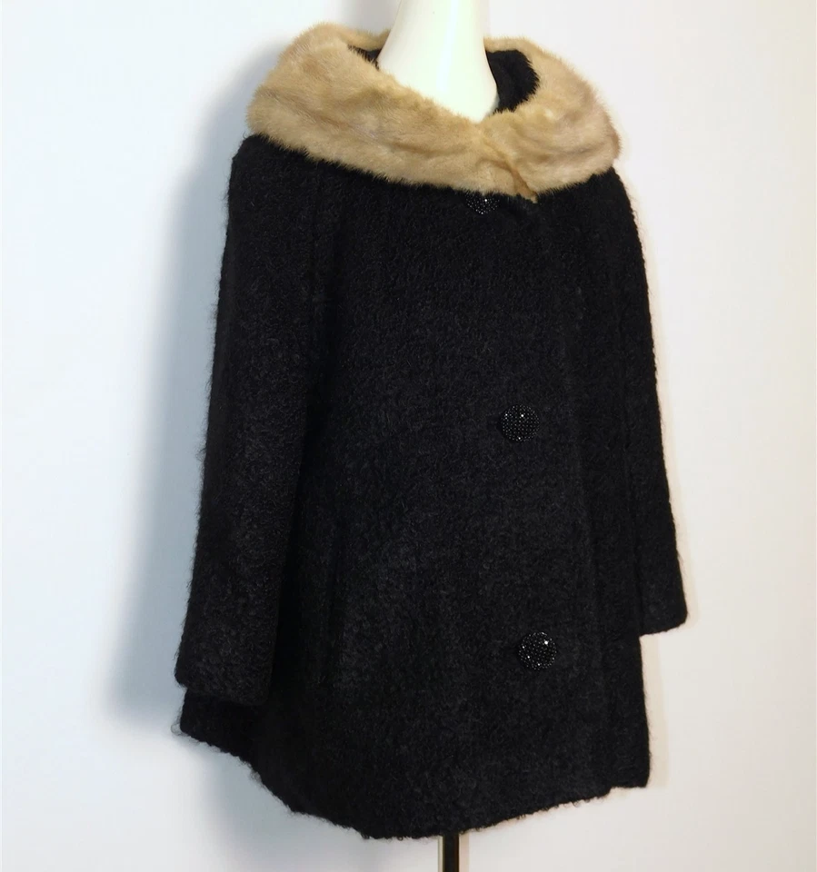 **Chaqueta Abrigo de Lana de Cordero Rizada Cuello de Piel de Visón Negro Gótico Años 50 De Colección Foto 1 de 4