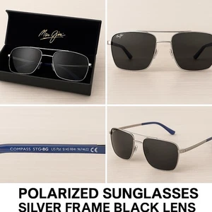 Occhiali da sole polarizzati Maui Jim Compass STG-BG montatura argento lenti nere con custodia  - Foto 1 di 6