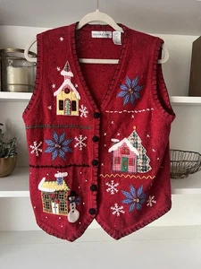 Victoria Jones Vest Christmas Gingerbread Design Knit Red Multi Buttons Size M - Picture 1 of 9
