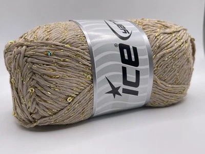 Lentejuelas de algodón natural beige dorado 83277 hilos de hielo 100 gr 218yds brillo y lentejuelas Foto 1 de 4