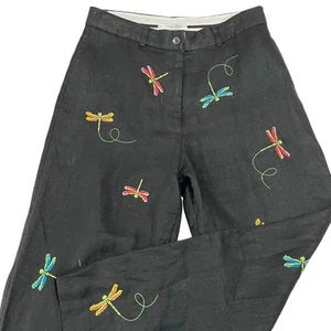 Jillian Jones Women’s Linen Pants Sz 4 Black Dragonflies Straight - Picture 1 of 7