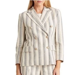 Lauren Ralph Lauren Size 8P Twill Linen Blend Striped Blazer Crest Buttons - Picture 1 of 11