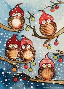 AK Kunst Birke Baum Eulen Vögel Strumpf Mütze Winter Schnee - Bild 1 von 1