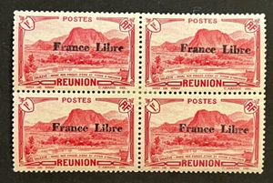 Travelstamps: 1943 Reunion Stamps Scott #204 “France Libre" 1f Block MOGH - Picture 1 of 5