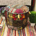 Black Vintage Ottoman Pouf Cover Indian Handmade Boho Patchwork Round Footstool