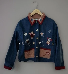 Casey Coleman Denim Embroidered Angels Button Lined Shacket M/L Corduroy Pockets - Picture 1 of 12
