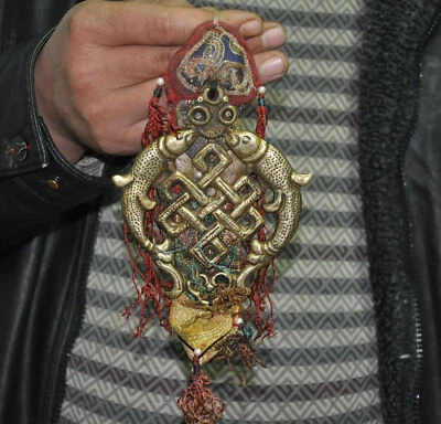 Old Tibet Buddhism Tantra Bronze Silk fish Lucky knot Exorcism Amulet Pendant - Image 1 of 4