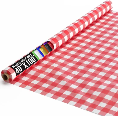 Party Solids Red Gingham Plastic Table Cover Roll 40" X 100' Table Cloth Plastic - Image 1 of 4