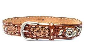 70’s Vintage Embossed Tooled Brown Leather Belt   1970s Joed Chambers Studded 34 - Picture 1 of 15