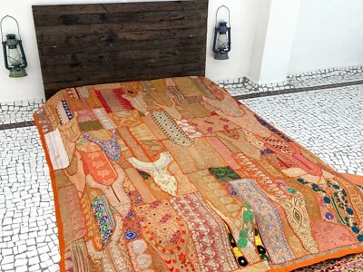 Colcha de retazos vintage edredón bordado a mano cubrecama colgante de pared - Imagen 1 de 4