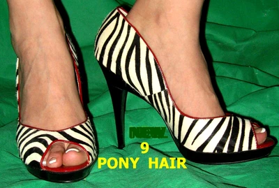9 zebra NAUGHTY MONKEY leather PONY HAIR fur shoe wood high stiletto heel black - Image 1 of 4