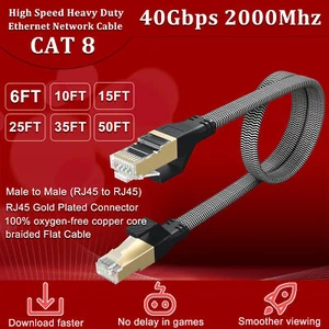 6FT-50FT flat Cat 8 Ethernet Cable Braided 40Gbps 2000Mhz CAT8 Network Cables - Picture 1 of 8