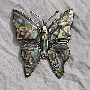 Vintage Abalone Inlay Alpaca Mexico Nickel Silver Butterfly Brooch Pin 1 1/2" - Picture 1 of 5
