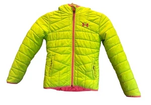 Girls UNDER ARMOUR Prime Puffer Hooded JACKET Full Zip 6X Neon Yellow PINK EUC - Picture 1 of 8
