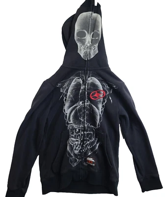 Vtg No Fear Skeleton Skull X-Ray Graphic Full Zip Hoodie Black S Grunge Y2K - Image 1 of 4
