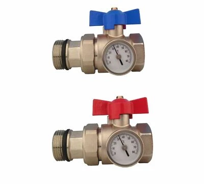 Valvola a sfera da 1"" RISCALDAMENTO A PAVIMENTO CON TERMOMETRO ROSSO MANIGLIA BLU - Immagine 1 di 2