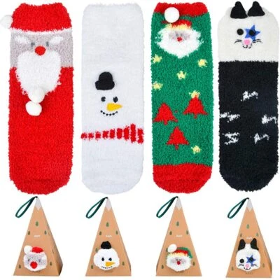 4 pares de calcetines de Navidad para mujer, invierno cálido suave esponjoso con bolsas de regalo hágalo usted mismo Foto 1 de 4