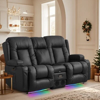 Power Leather Recliner Theater Seats Loveseat w/Ambient Light Bluetooth Speakers - Image 1 of 4