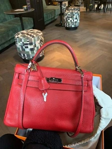 Original Hermès Kelly, Il Retourne 32 Clemence Rot, Full Set - Bild 1 von 18