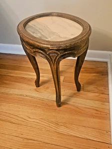 Mid-Century French Provincial Country Walnut Marble Side Table - Plant Stand - Picture 1 of 3