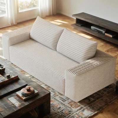 63" Boneless couch Loveseat Sofa Comfy Deep Seat Modern with White Plush Fabri - Image 1 of 4