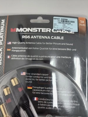 NEW Monster RG6 Antenna  TV  Cable 5m Black Platinum  - image 1 of 4