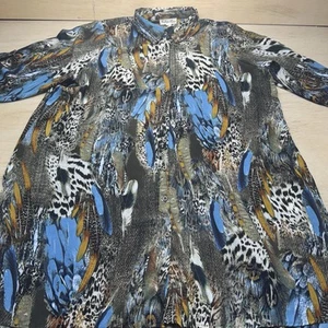 Indigo Rose 2X Tops Button Front Animal Feather Print - Picture 1 of 21