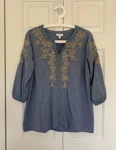 J Jill Perlen bestickt Chambray Top Damen S Petite Peasant Boho Cottagecore - Bild 1 von 12