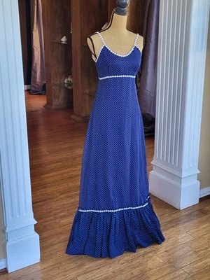 Nadine Vintage 70s Navy Swiss Dot Maxi Size 7 - Image 1 of 4