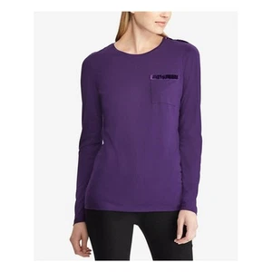 Lauren Ralph Lauren Women's Purple Velvet-Trim Chest Pocket T-Shirt- XS - Picture 1 of 5