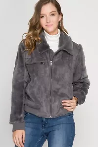 Women's Long Sleeve Faux Suede Jacket w/ Faux Fur Detail Charcoal She + Sky New - Picture 1 of 2