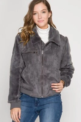 Women's Long Sleeve Faux Suede Jacket w/ Faux Fur Detail Charcoal She + Sky New  - Image 1 of 2