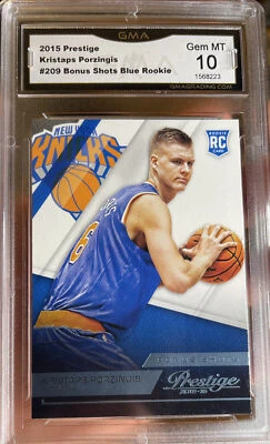 2015 Panini Prestige Kristaps Porzingis rookie Blue Light Blue Bonus Shot Gem 10 - Image 1 of 3