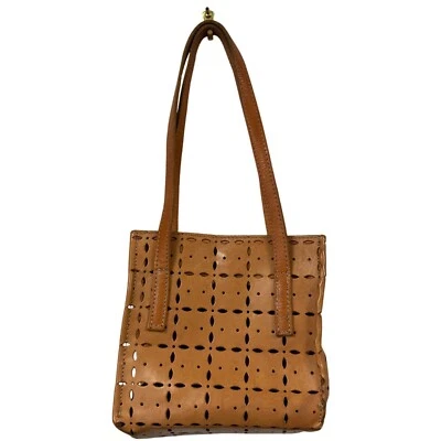 Mini Bolso de Mano Cuadrado Corte Láser Marrón Tostado Caterina Lucchi Cuero 7.5" x 7" Foto 1 de 4