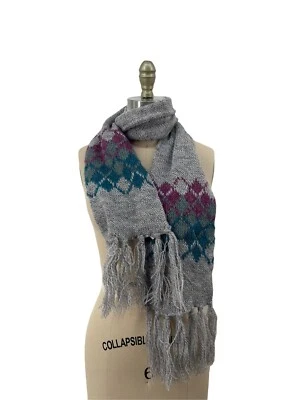 Винтажный 80-х 90-х акриловый вязаный бирюзовый фиолетовый узор шарф кисточкой зимние лыж надежном - Изображение 1 из 2