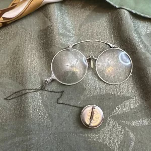 antique pince nez Victorian Eyeglasses Silver Tone W Ketcham Dougall Pin Holder - Picture 1 of 13