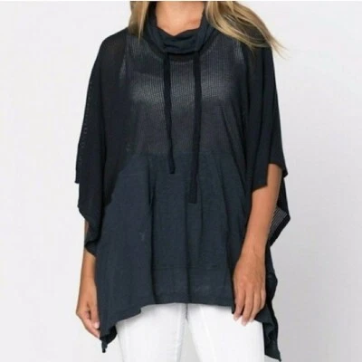 XCVI Wearables Thera Cotton Modal Mesh Paneled Pullover Poncho Lagenlook Navy 1X - Image 1 of 4
