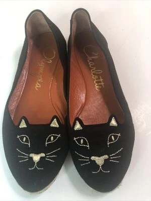 Charlotte Olympia Kitty Cat Flats Loafers Shoes Black gold embroidered 5. 35 - Image 1 of 4