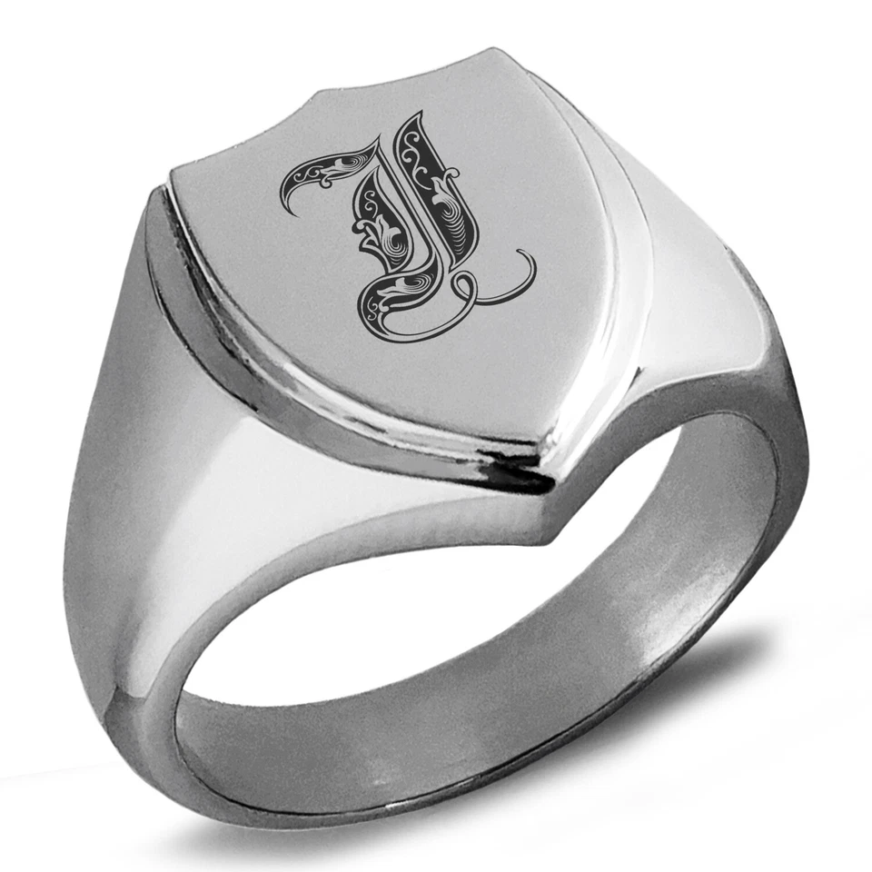 Anillo de sello de acero inoxidable con escudo con monograma real inicial letra I para hombre Foto 1 de 1